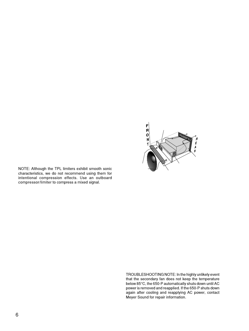 Driver excursion clamp, Fans and cooling system | Meyer Sound 650-P User Manual | Page 6 / 16
