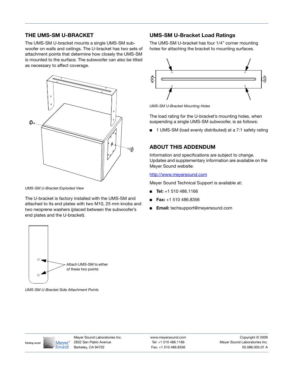 The ums-sm u-bracket, Ums-sm u-bracket load ratings, About this addendum | Meyer Sound UMS-SM User Manual | Page 2 / 2