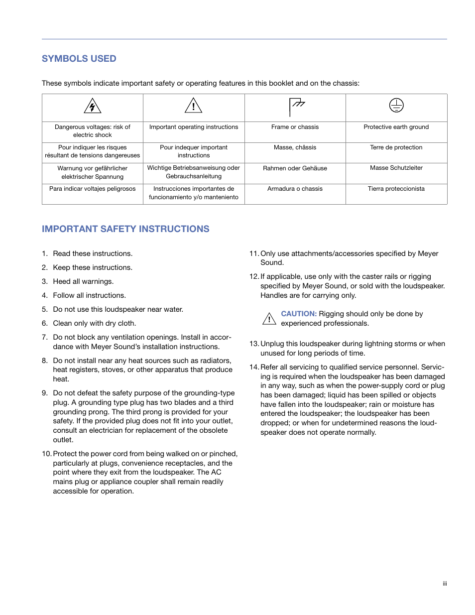 Symbols used, Important safety instructions | Meyer Sound HMS-10TM User Manual | Page 3 / 28