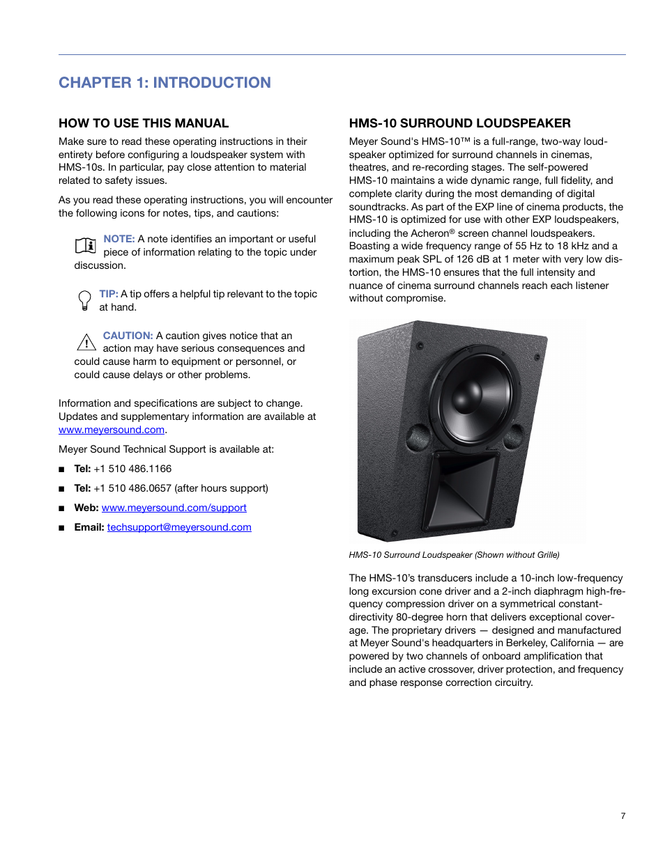 Chapter 1: introduction, How to use this manual, Hms-10 surround loudspeaker | Meyer Sound HMS-10TM User Manual | Page 7 / 28