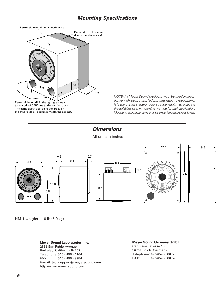 Mounting specifications dimensions | Meyer Sound Self-Powered Loudspeaker HM-1 User Manual | Page 9 / 9