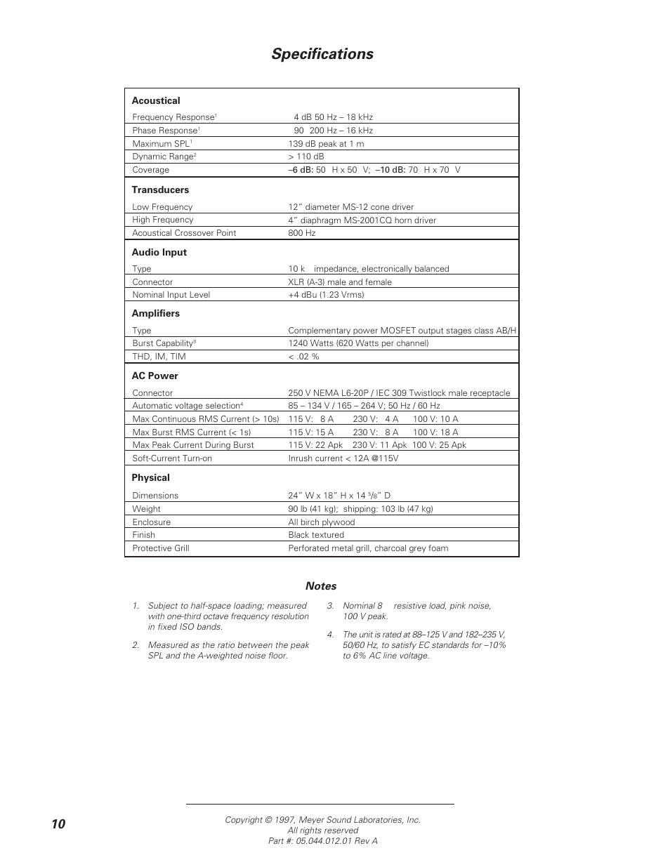 Specifications | Meyer Sound PSM-2 User Manual | Page 10 / 10