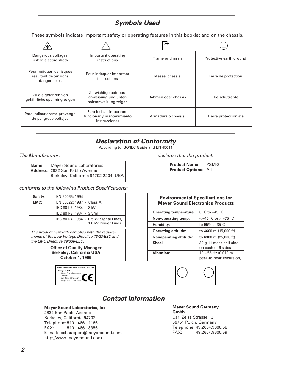 Declaration of conformity contact information, Symbols used | Meyer Sound PSM-2 User Manual | Page 2 / 10