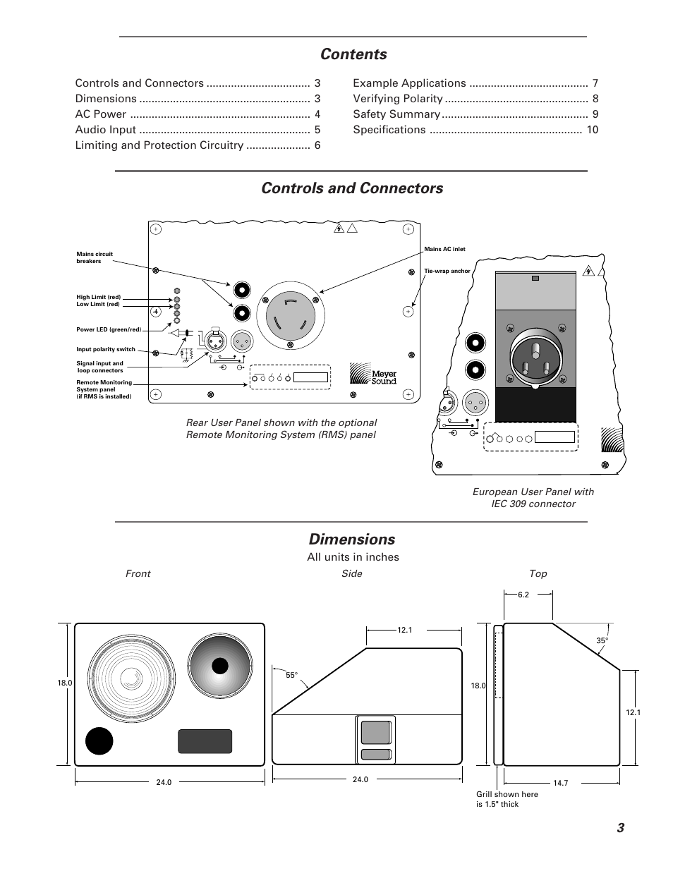 Contents controls and connectors, Dimensions, European user panel with iec 309 connector | Front side top | Meyer Sound PSM-2 User Manual | Page 3 / 10