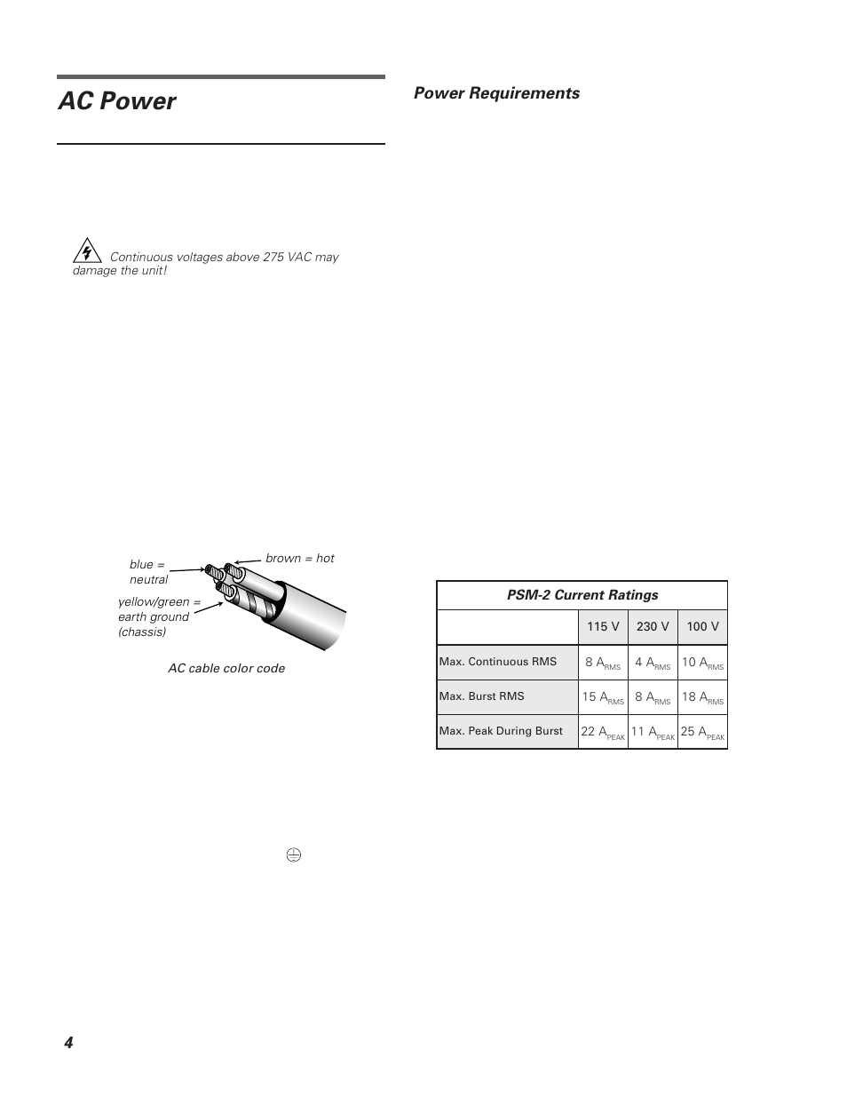 Ac power, Power requirements | Meyer Sound PSM-2 User Manual | Page 4 / 10