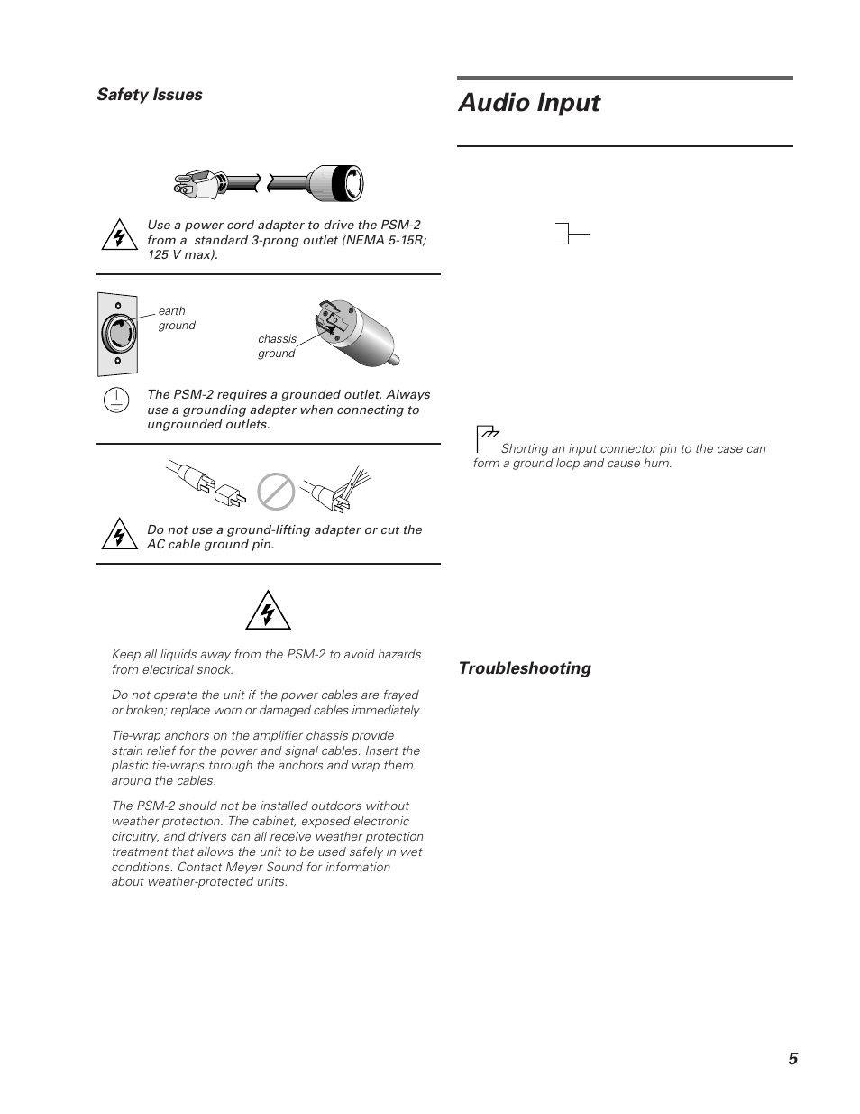 Audio input, Troubleshooting, Safety issues | Meyer Sound PSM-2 User Manual | Page 5 / 10