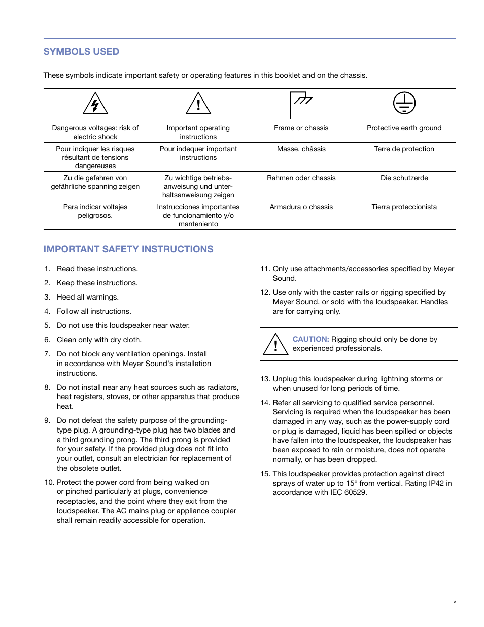 Symbols used, Important safety instructions | Meyer Sound M3D-SUB User Manual | Page 3 / 48