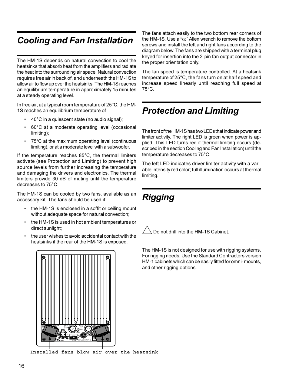 Cooling and fan installation, Protection and limiting, Rigging | Meyer Sound Self-Powered Studio Monitor HM-1S User Manual | Page 16 / 18