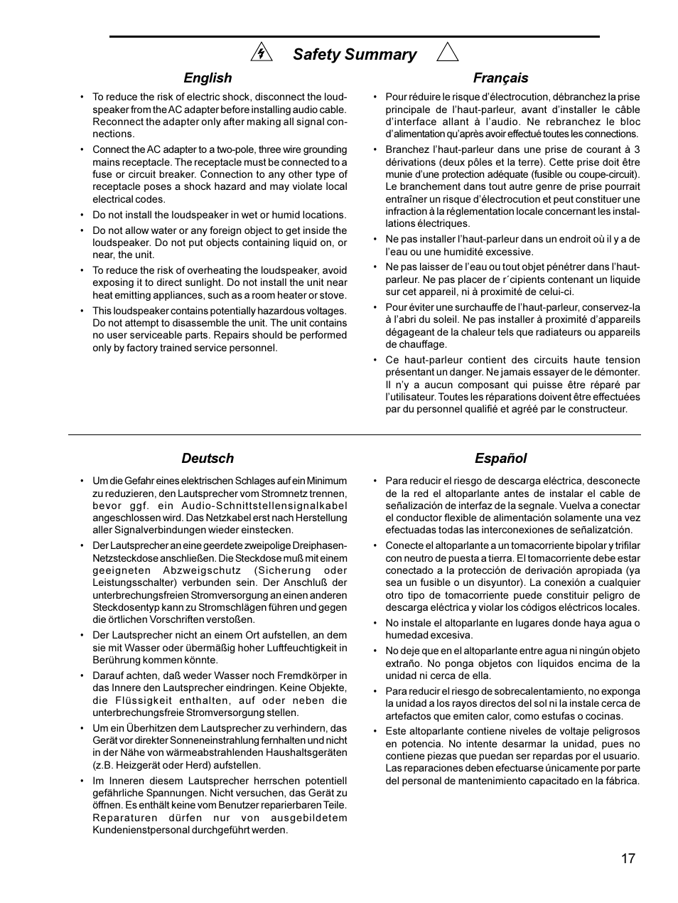 Safety summary, English français deutsch español | Meyer Sound Self-Powered Studio Monitor HM-1S User Manual | Page 17 / 18