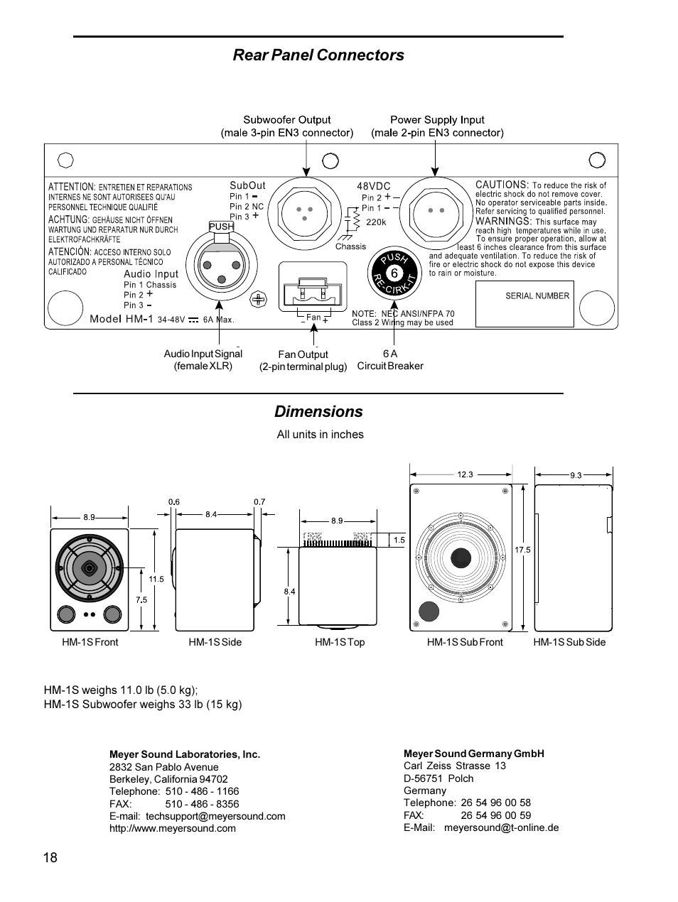 Dimensions, Rear panel connectors | Meyer Sound Self-Powered Studio Monitor HM-1S User Manual | Page 18 / 18