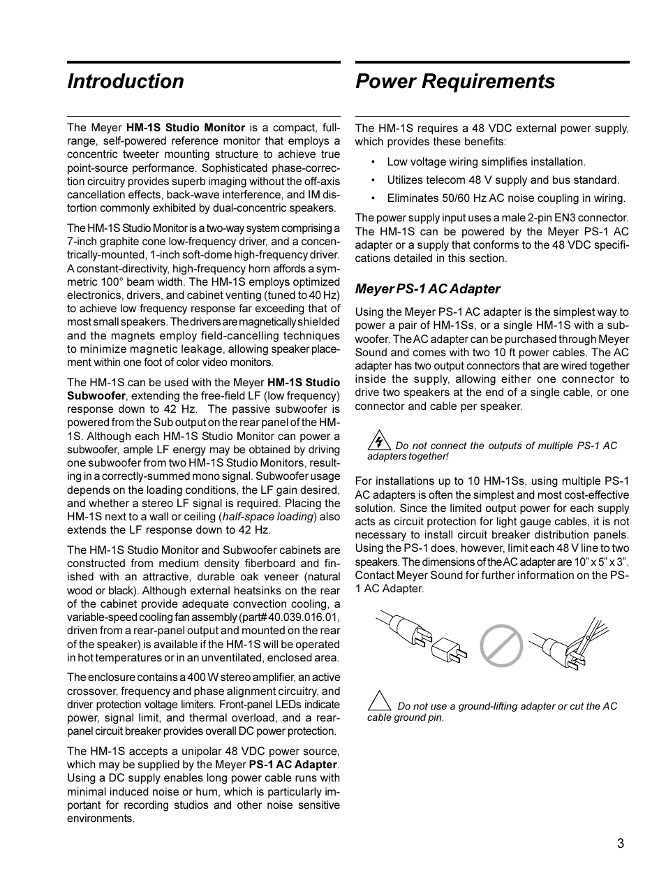 Introduction, Power requirements | Meyer Sound Self-Powered Studio Monitor HM-1S User Manual | Page 3 / 18