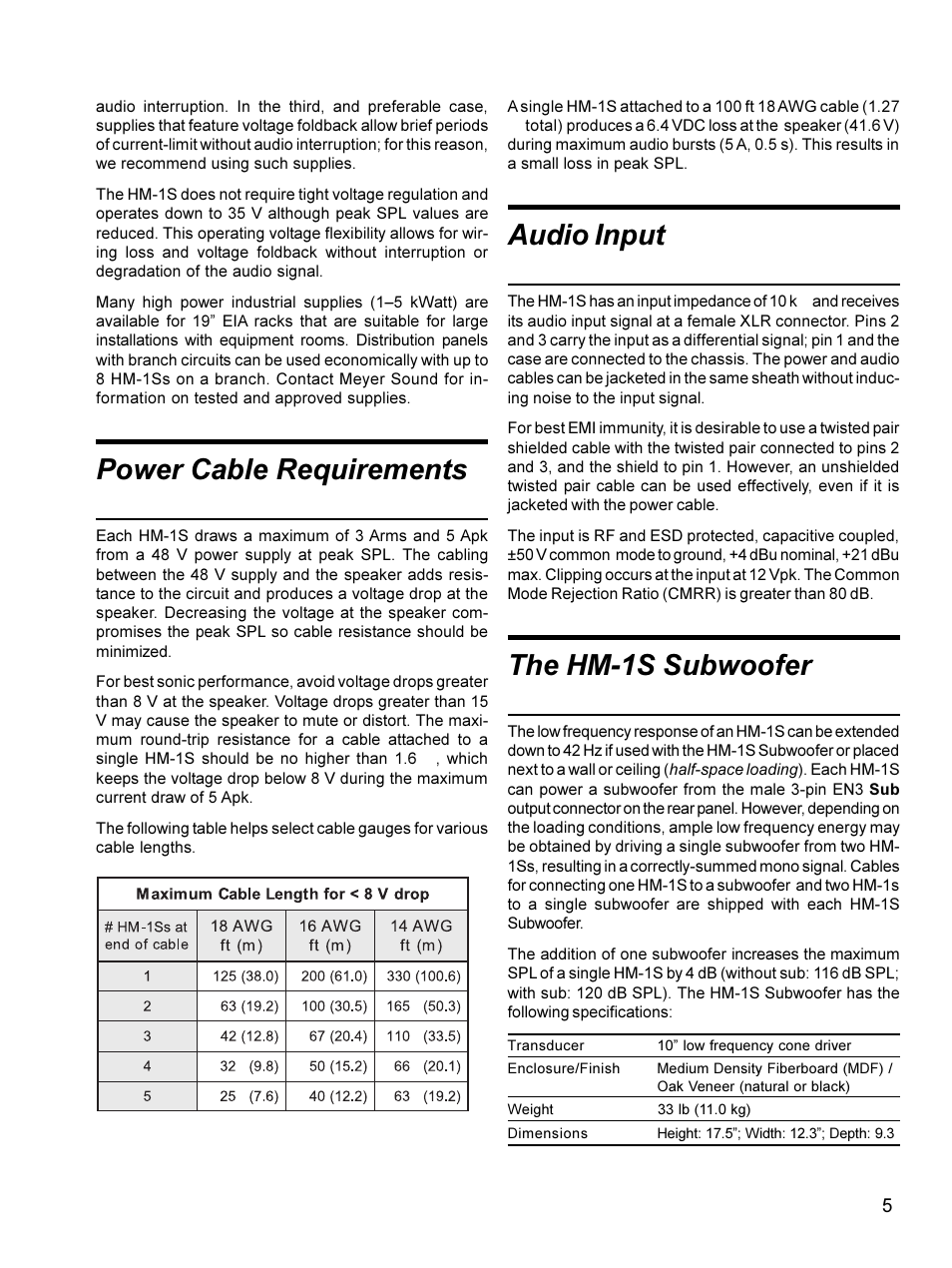 Power cable requirements, Audio input, The hm-1s subwoofer | Meyer Sound Self-Powered Studio Monitor HM-1S User Manual | Page 5 / 18