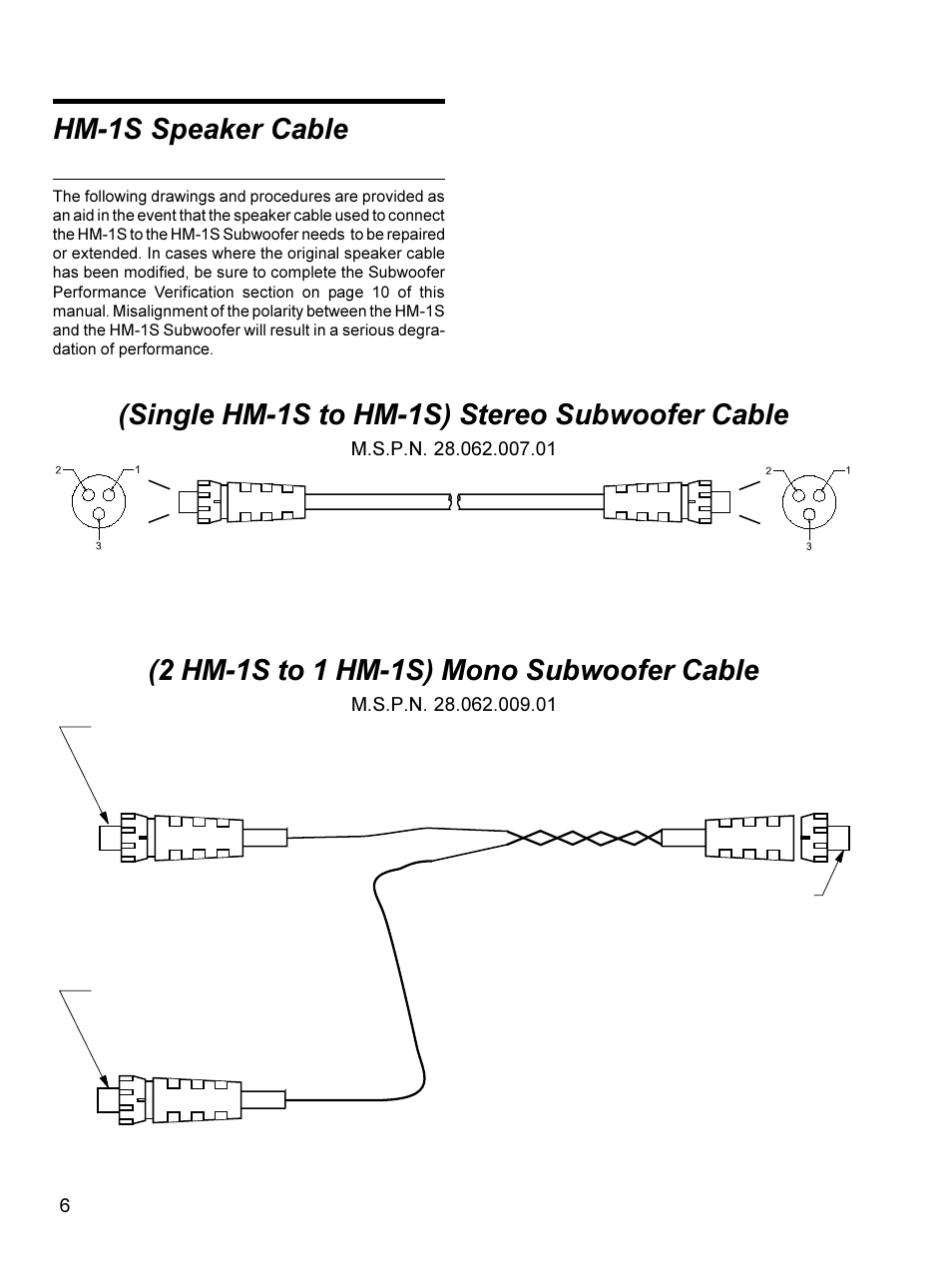 Hm-1s speaker cable, Single hm-1s to hm-1s) stereo subwoofer cable, 2 hm-1s to 1 hm-1s) mono subwoofer cable | Meyer Sound Self-Powered Studio Monitor HM-1S User Manual | Page 6 / 18