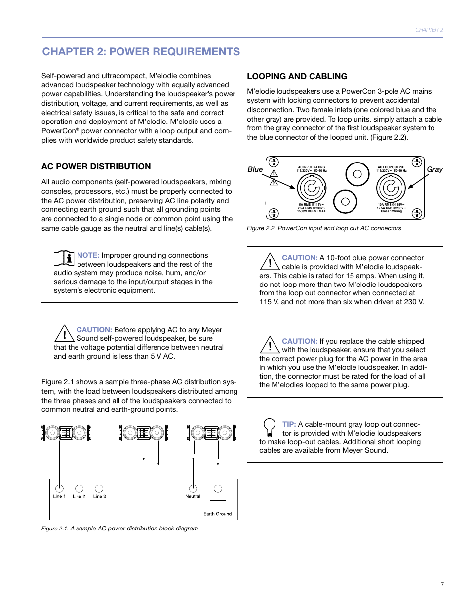 Chapter 2: power requirements, Ac power distribution, Looping and cabling | Meyer Sound UltraCompact High-Power Curvilinear Array Loudspeaker M'elodie User Manual | Page 13 / 44