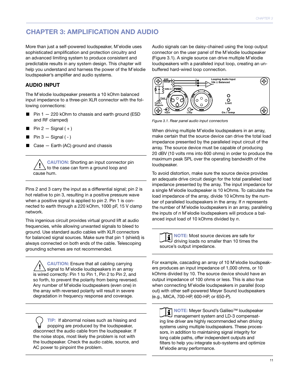 Chapter 3: amplification and audio, Audio input | Meyer Sound UltraCompact High-Power Curvilinear Array Loudspeaker M'elodie User Manual | Page 17 / 44