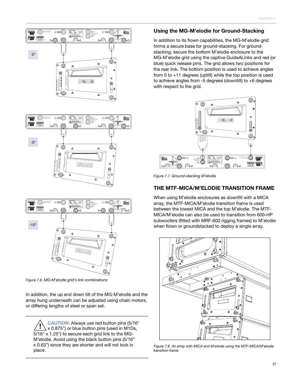 Using the mg-m’elodie for ground-stacking, The mtf-mica/m’elodie transition frame, Front link rear link result angle | Mg-m’elodie grid’s link combinations, Ground-stacking m’elodie | Meyer Sound UltraCompact High-Power Curvilinear Array Loudspeaker M'elodie User Manual | Page 33 / 44