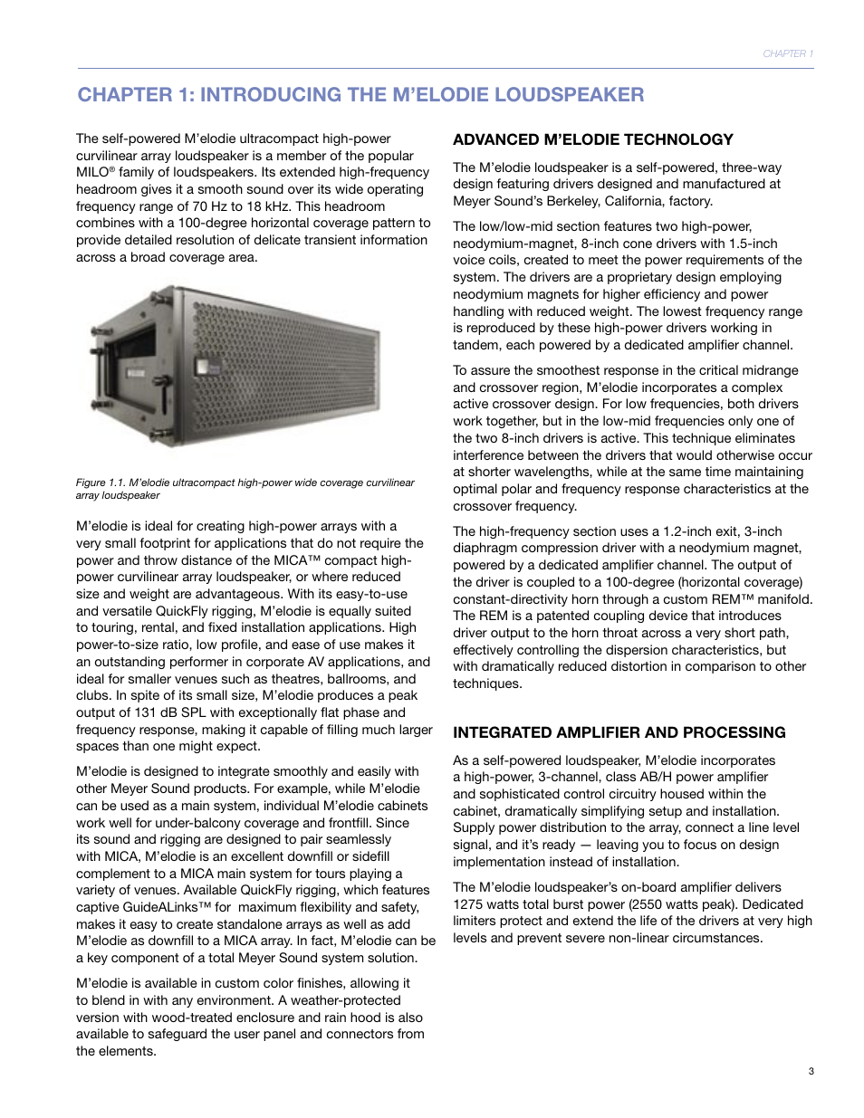 Chapter 1: introducing the m’elodie loudspeaker | Meyer Sound UltraCompact High-Power Curvilinear Array Loudspeaker M'elodie User Manual | Page 9 / 44