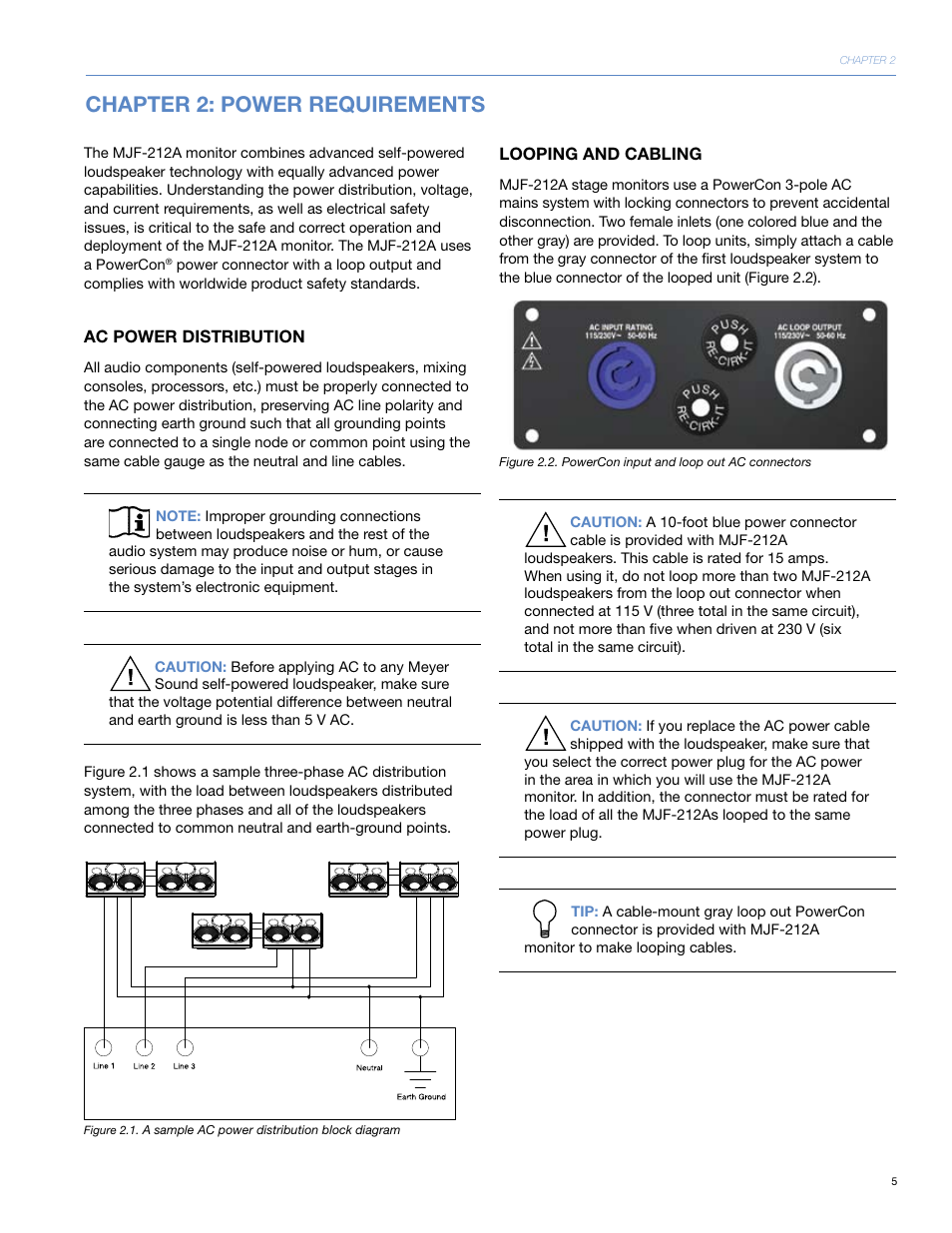 Chapter 2: power requirements, Ac power distribution, Looping and cabling | Meyer Sound MJF-212ATM User Manual | Page 11 / 28
