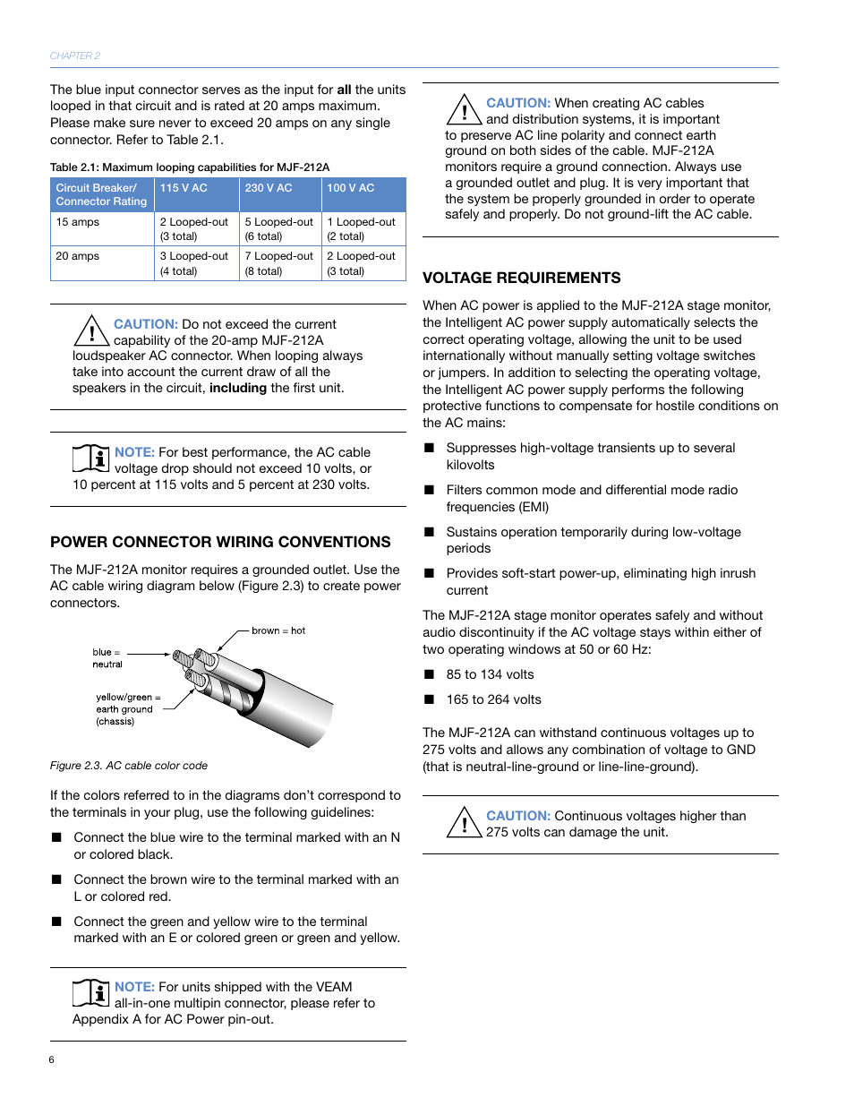 Power connector wiring conventions, Voltage requirements | Meyer Sound MJF-212ATM User Manual | Page 12 / 28