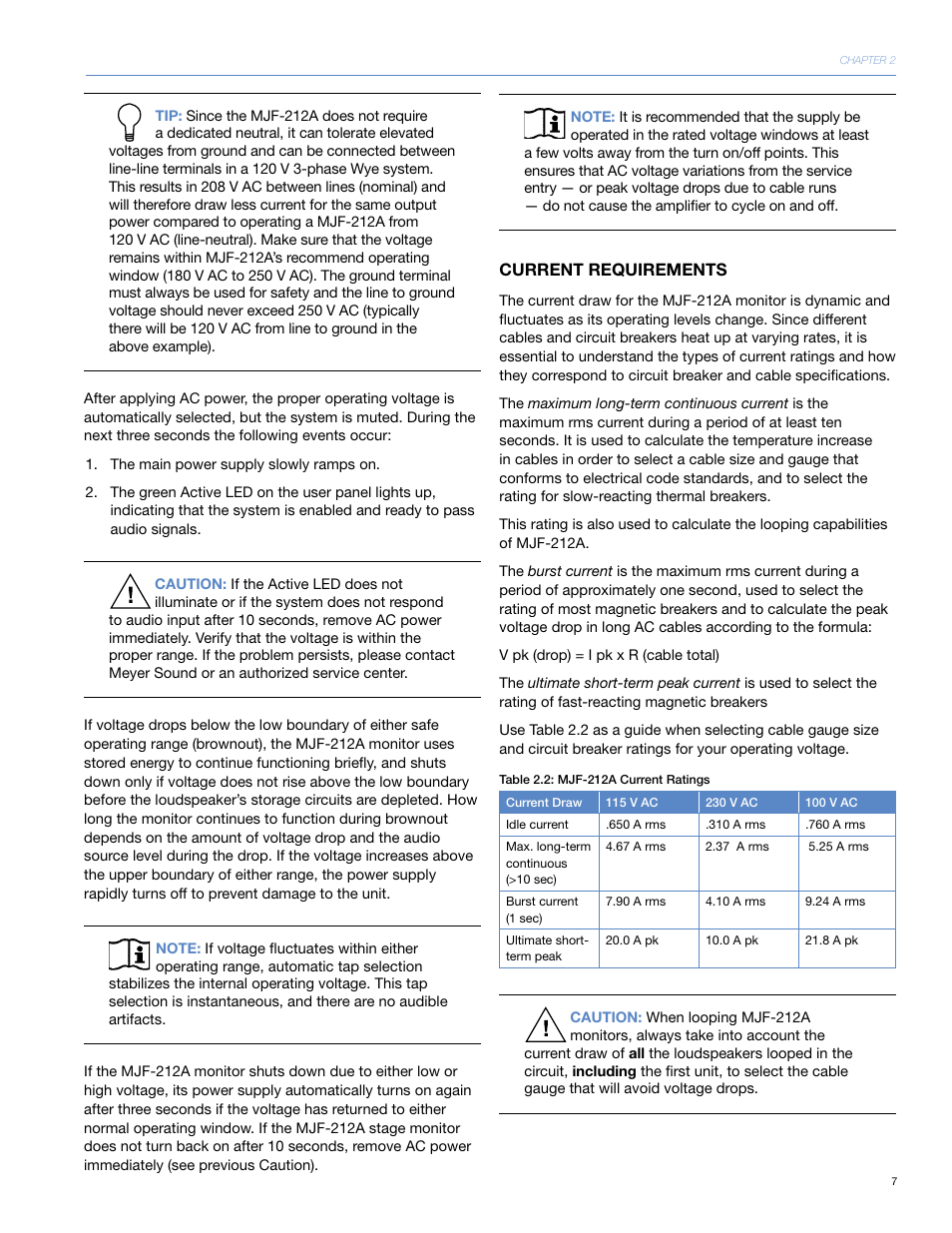 Current requirements | Meyer Sound MJF-212ATM User Manual | Page 13 / 28