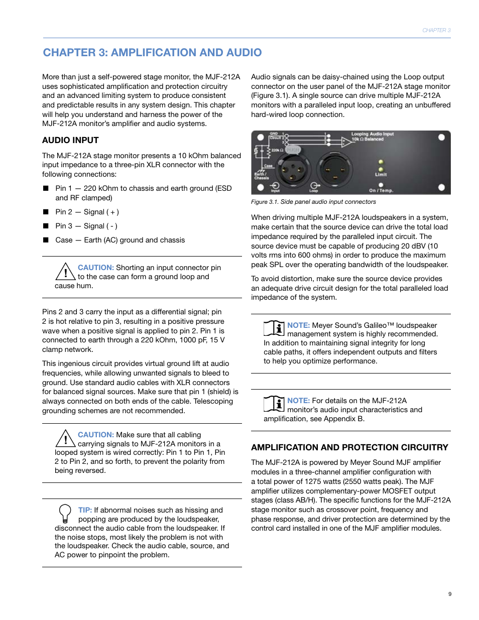 Chapter 3: amplification and audio, Audio input, Amplification and protection circuitry | Meyer Sound MJF-212ATM User Manual | Page 15 / 28