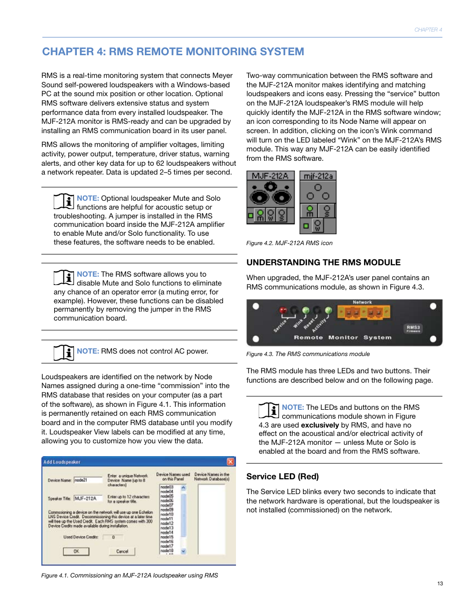Chapter 4: rms remote monitoring system, Understanding the rms module, Service led (red) | Chapter 4: rms™ remote monitoring system | Meyer Sound MJF-212ATM User Manual | Page 19 / 28