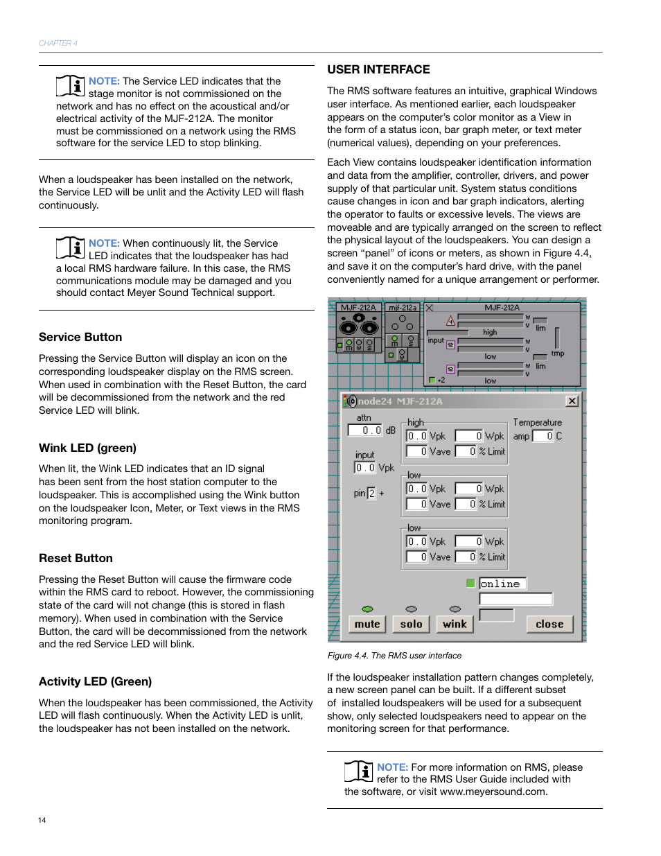 Service button, Wink led (green), Reset button | Activity led (green), User interface | Meyer Sound MJF-212ATM User Manual | Page 20 / 28