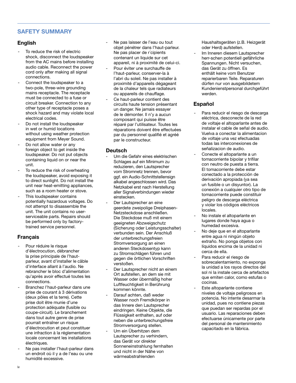 Safety summary | Meyer Sound MJF-212ATM User Manual | Page 4 / 28