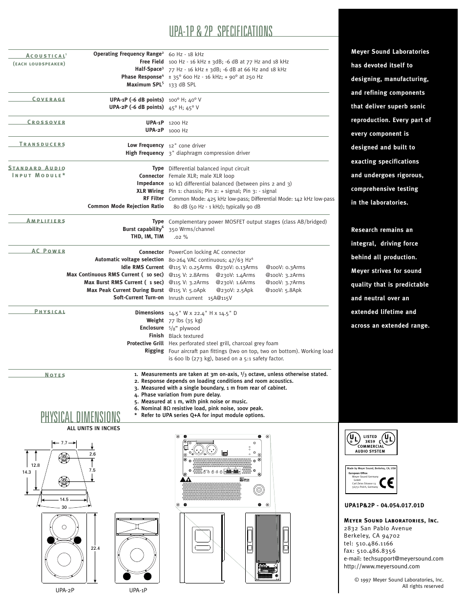 Physical dimensions upa-1p & 2p specifications, Push, Meyer sound, berkeley, ca. usa | Meyer Sound UPA-2P User Manual | Page 2 / 2