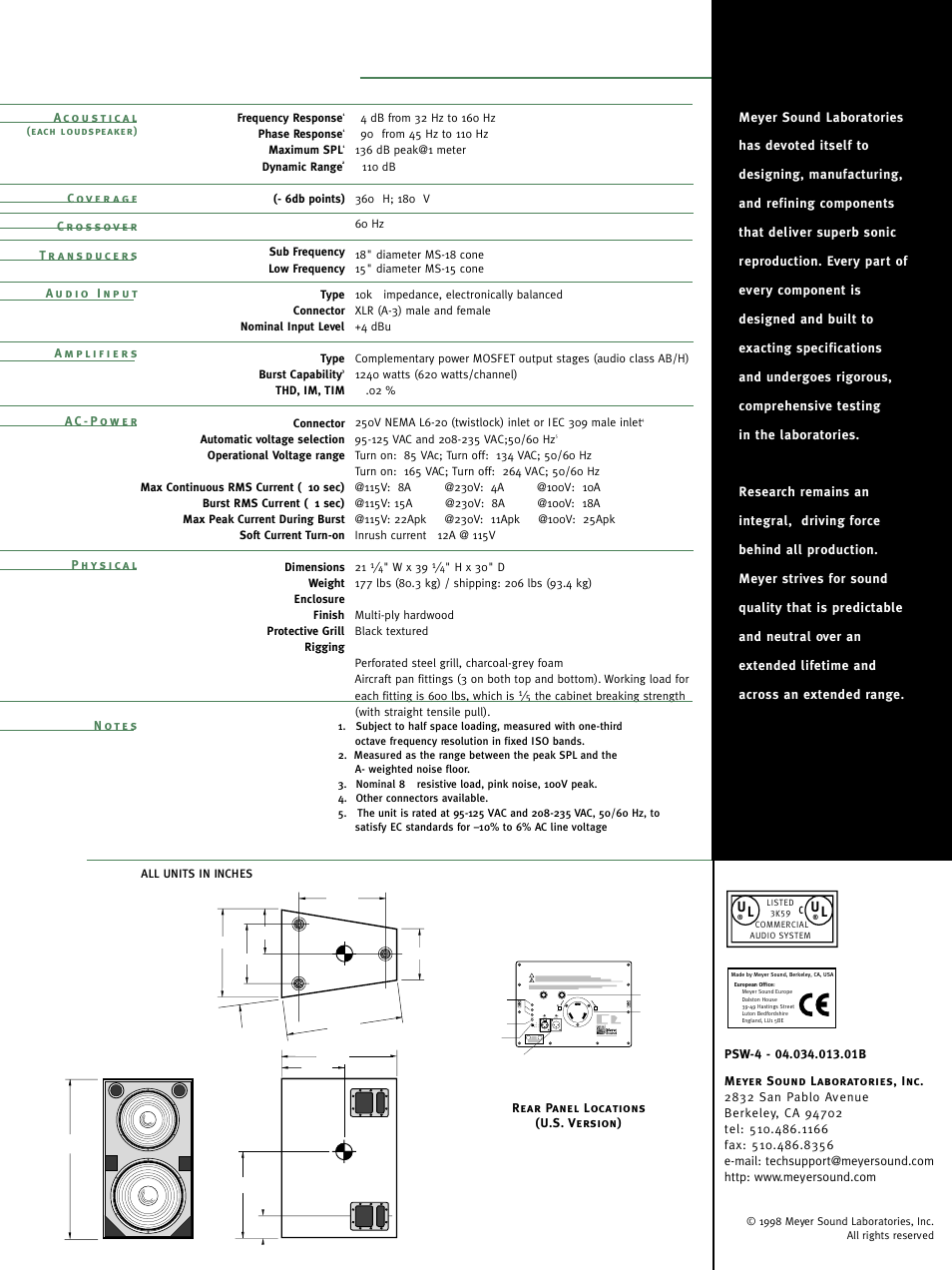 Physical dimensions psw-4 specifications | Meyer Sound PSW-4 User Manual | Page 2 / 2