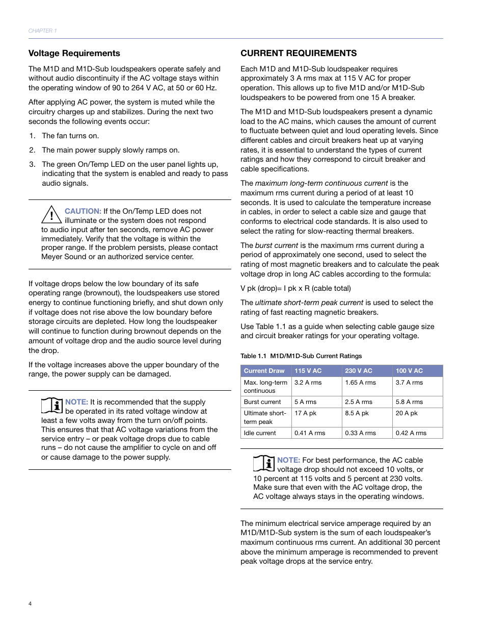 Voltage requirements, Current requirements | Meyer Sound M1D User Manual | Page 10 / 32
