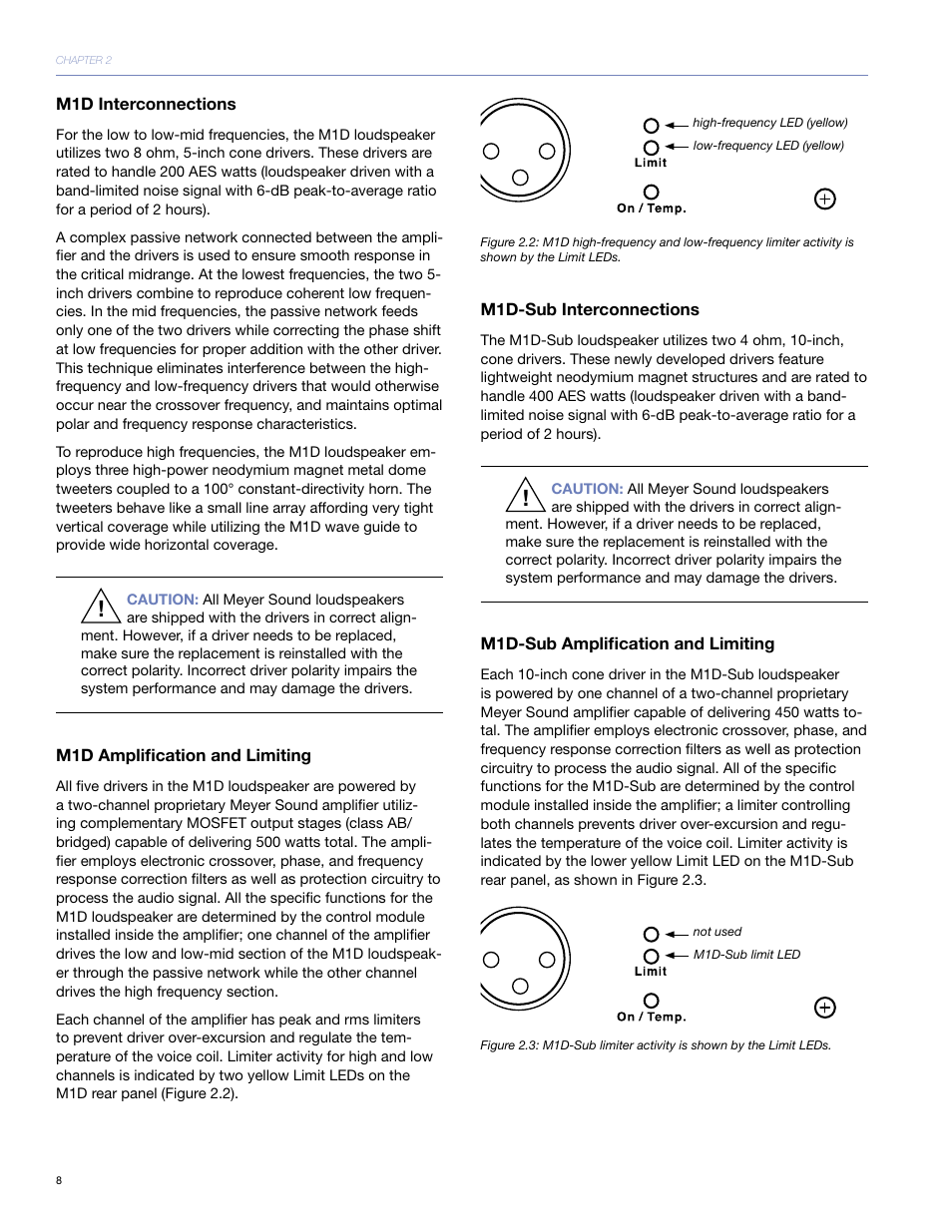 M1d interconnections, M1d amplification and limiting, M1d-sub interconnections | M1d-sub amplification and limiting | Meyer Sound M1D User Manual | Page 14 / 32