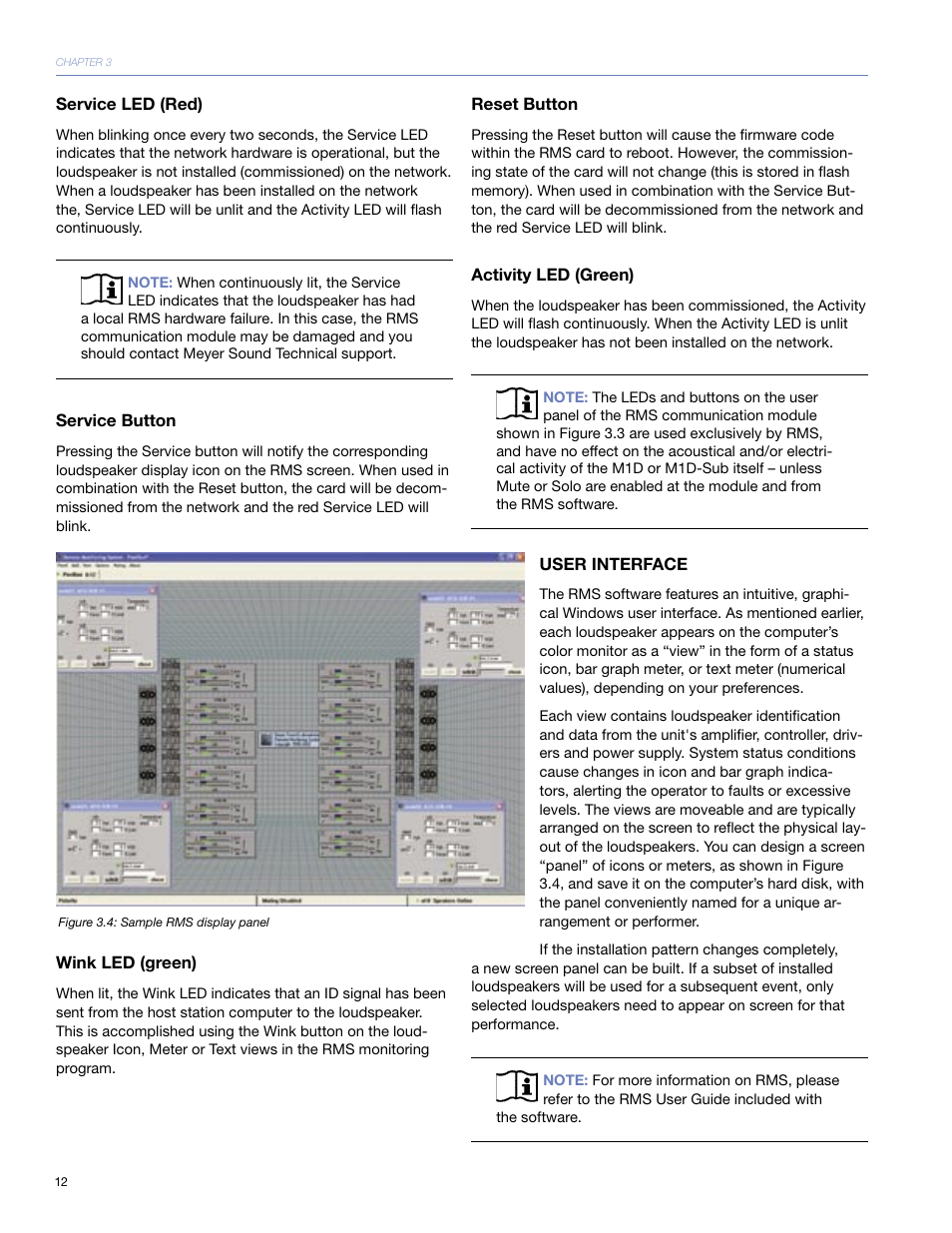 Service led (red), Service button, Wink led (green) | Reset button, Activity led (green), User interface | Meyer Sound M1D User Manual | Page 18 / 32