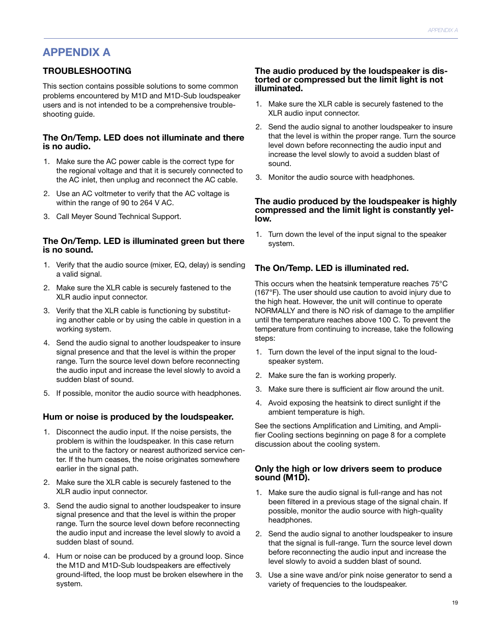 Appendix a, Troubleshooting | Meyer Sound M1D User Manual | Page 25 / 32