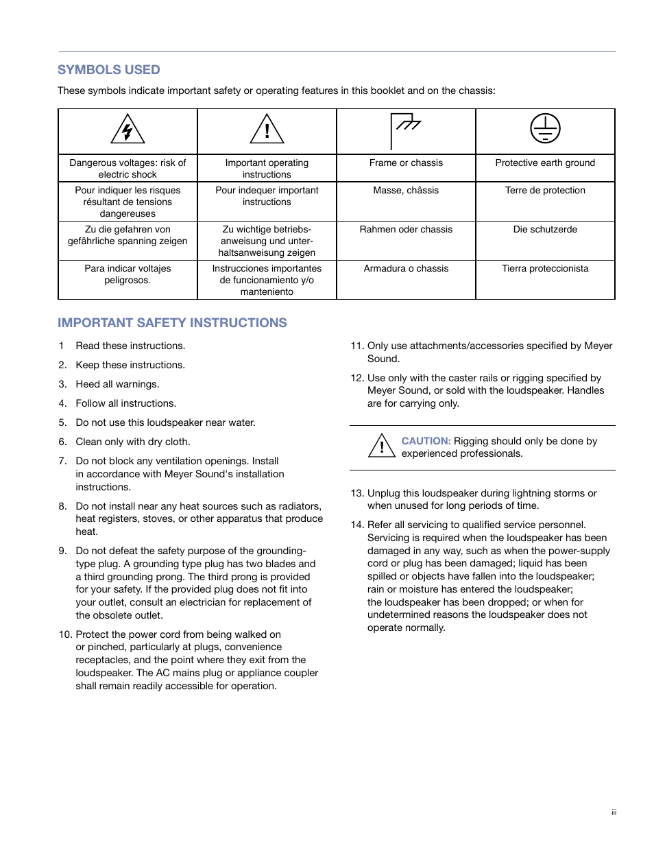 Symbols used, Important safety instructions | Meyer Sound M1D User Manual | Page 3 / 32