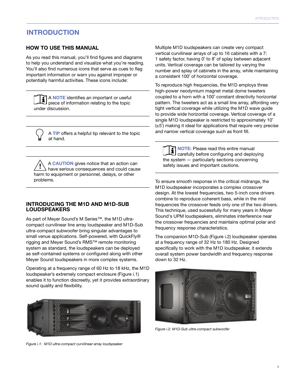 Introduction, How to use this manual, Introducing the m1d and m1d-sub loudspeakers | Meyer Sound M1D User Manual | Page 7 / 32