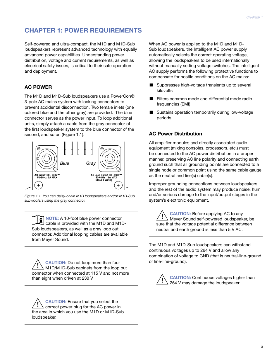 Chapter 1: power requirements, Ac power, Ac power distribution | Meyer Sound M1D User Manual | Page 9 / 32