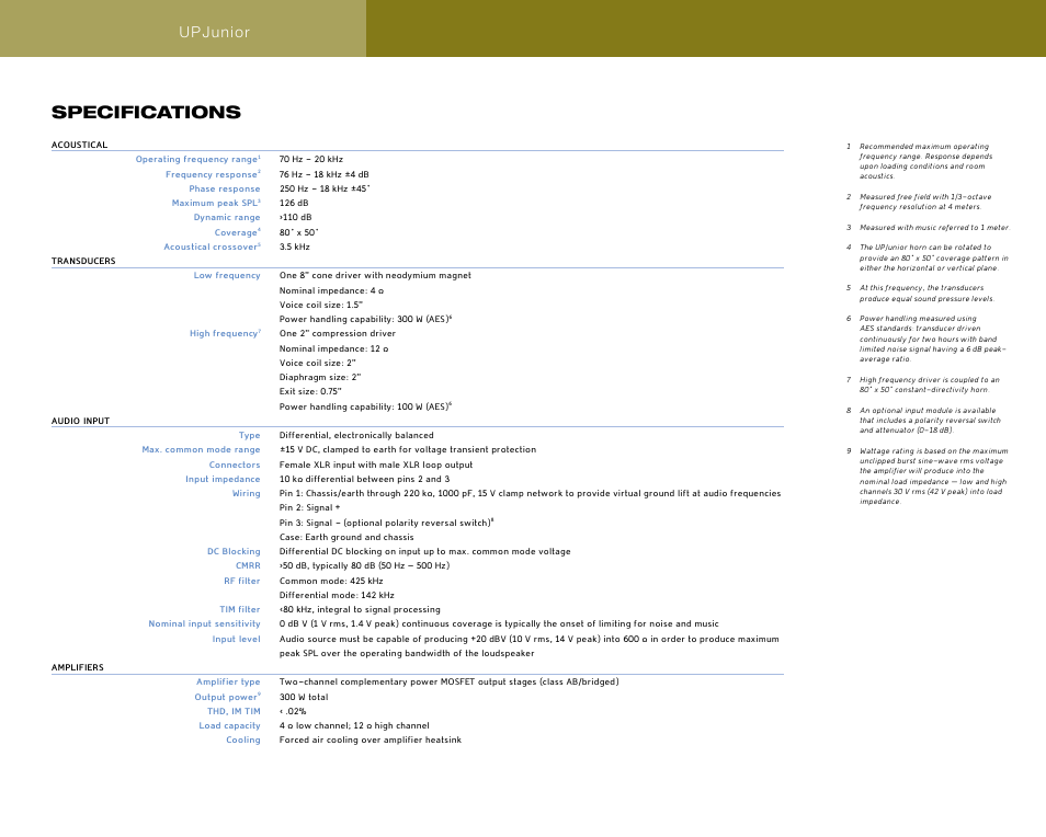 Specifications, Upjunior | Meyer Sound UPJunior User Manual | Page 10 / 12