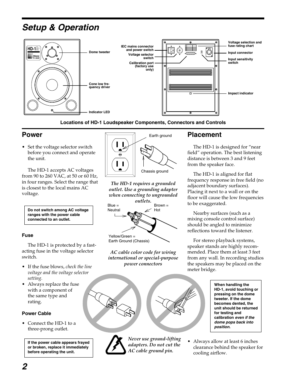 Setup & operation, Power, Placement | Meyer Sound HIGH DEFINITION AUDIO MONITOR HD-1 User Manual | Page 2 / 4