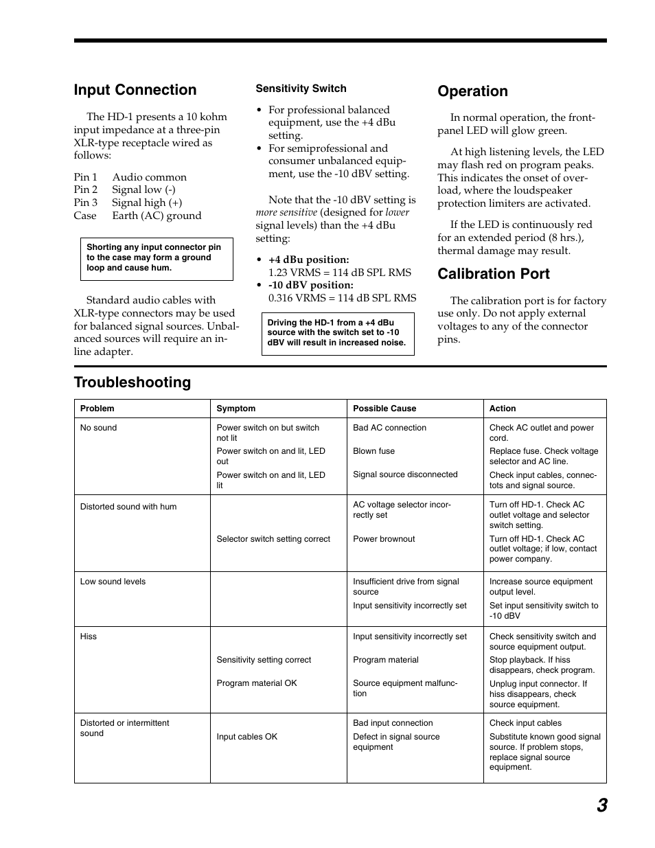 Operation, Calibration port, Input connection | Troubleshooting | Meyer Sound HIGH DEFINITION AUDIO MONITOR HD-1 User Manual | Page 3 / 4