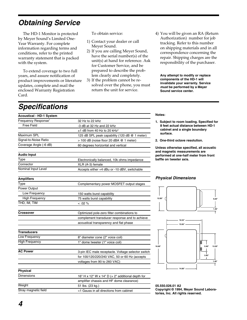 4specifications obtaining service | Meyer Sound HIGH DEFINITION AUDIO MONITOR HD-1 User Manual | Page 4 / 4