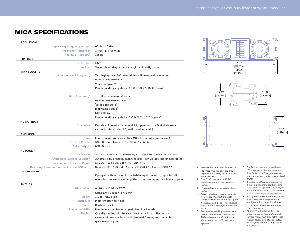Mica specifications | Meyer Sound M SERIES User Manual | Page 11 / 12
