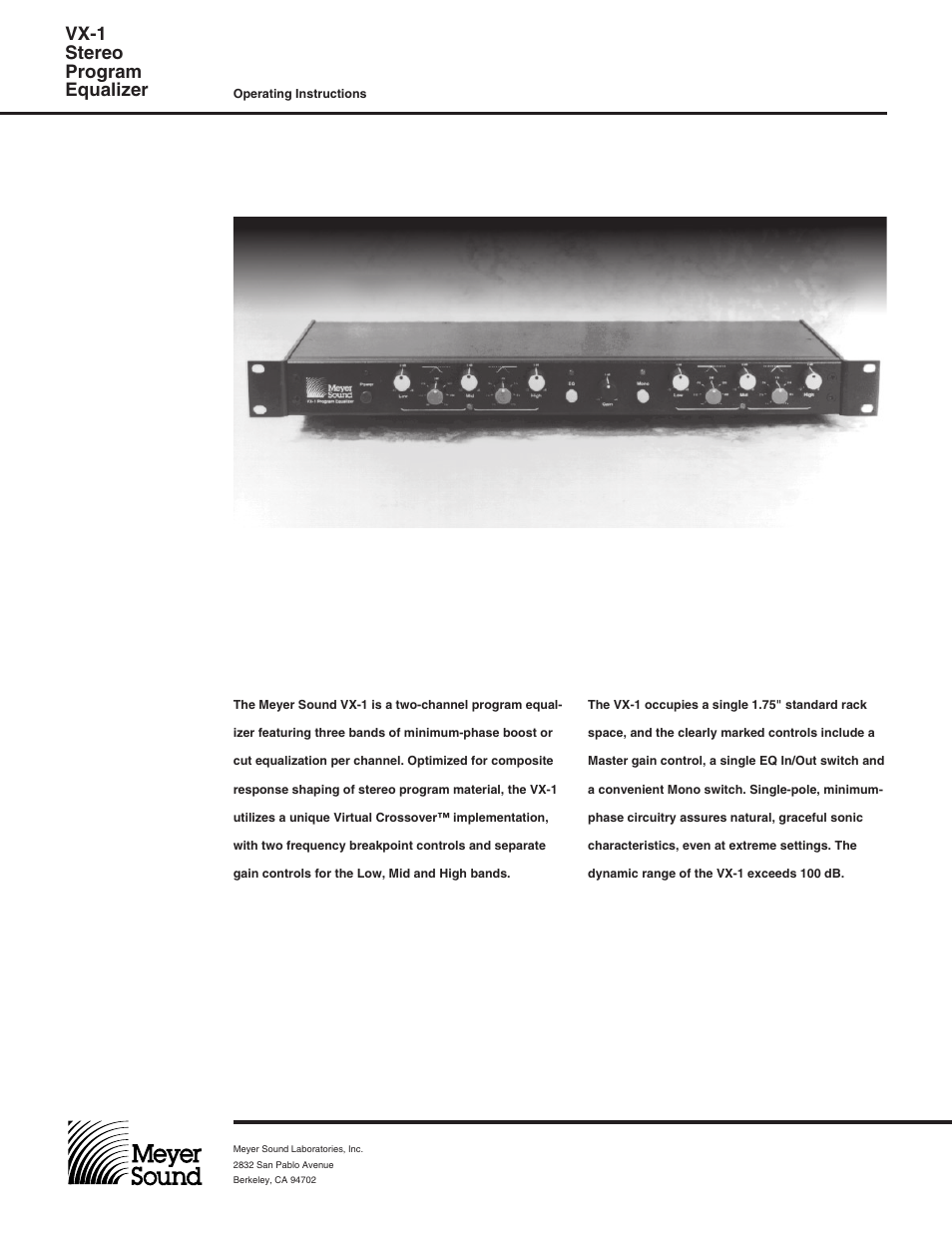 Meyer Sound VX-1 User Manual | 6 pages