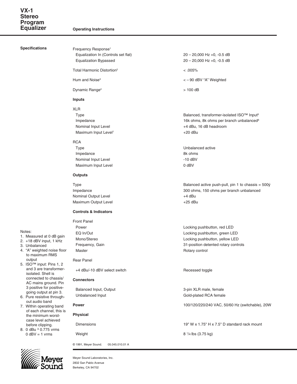 Vx-1 stereo program equalizer | Meyer Sound VX-1 User Manual | Page 4 / 6