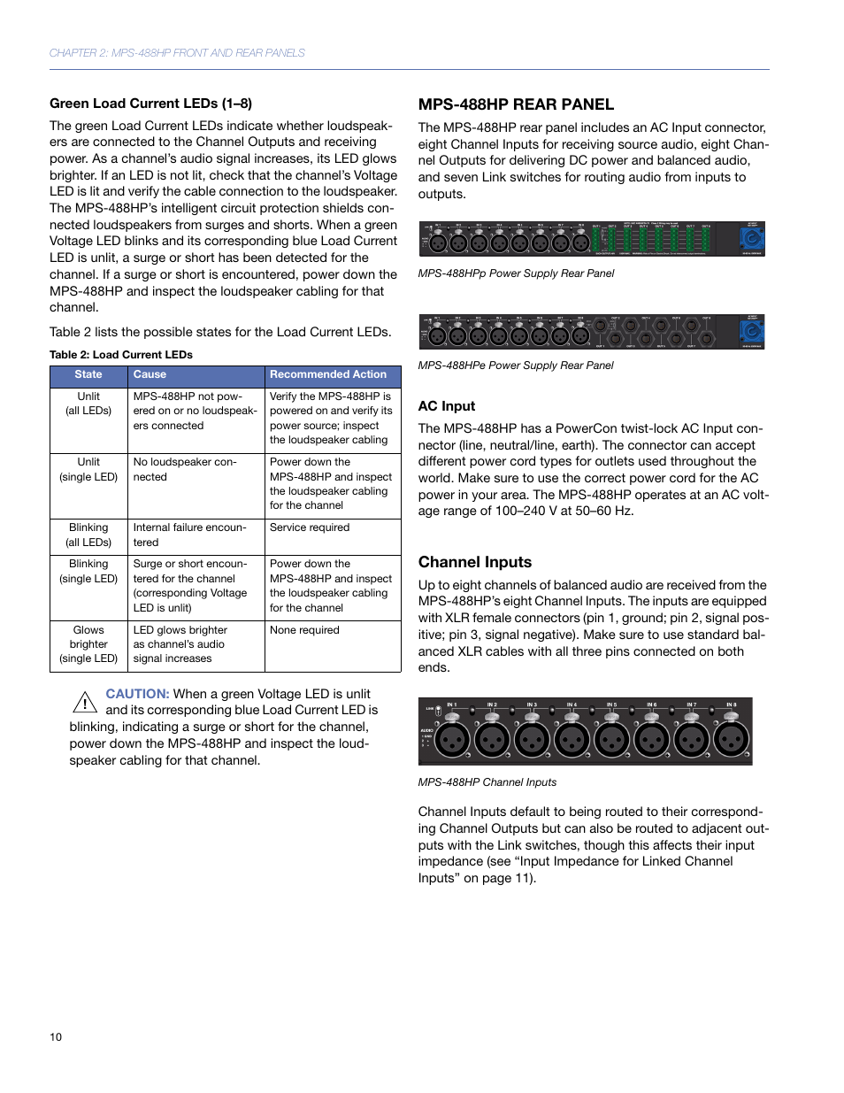 Green load current leds (1-8), Mps-488hp rear panel, Ac input | Channel inputs | Meyer Sound MPS-488HP User Manual | Page 10 / 32