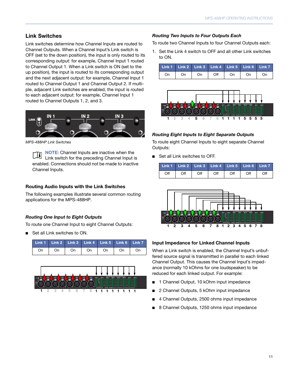 Link switches, Routing audio inputs with the link switches, Input impedance for linked channel inputs | Meyer Sound MPS-488HP User Manual | Page 11 / 32