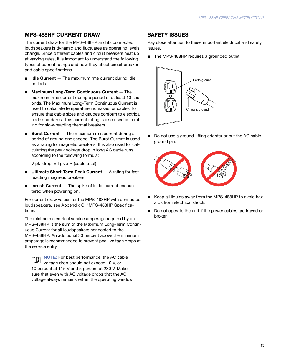 Mps-488hp current draw, Safety issues | Meyer Sound MPS-488HP User Manual | Page 13 / 32