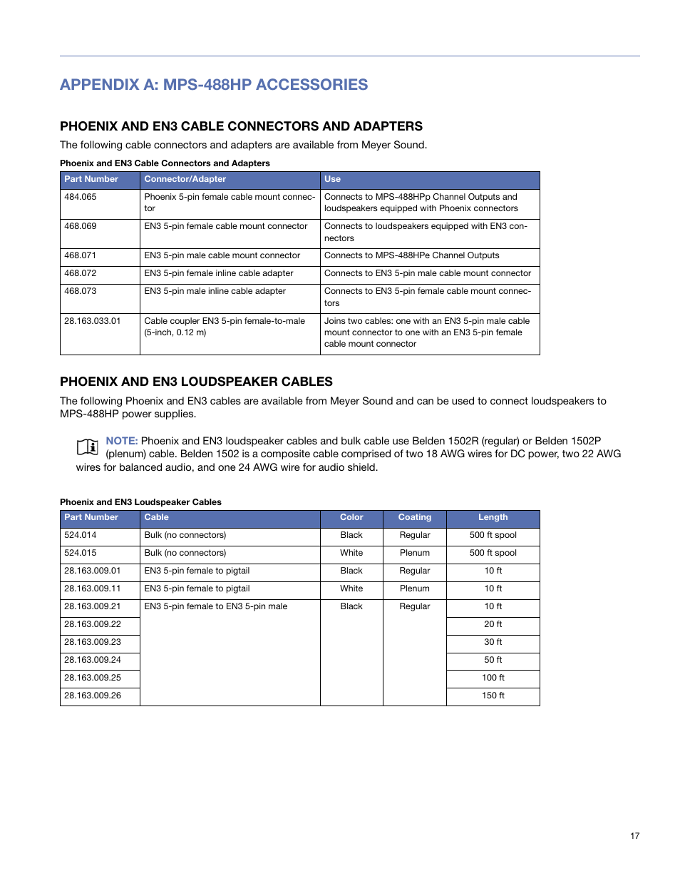 Appendix a: mps-488hp accessories, Phoenix and en3 cable connectors and adapters, Phoenix and en3 loudspeaker cables | Meyer Sound MPS-488HP User Manual | Page 17 / 32