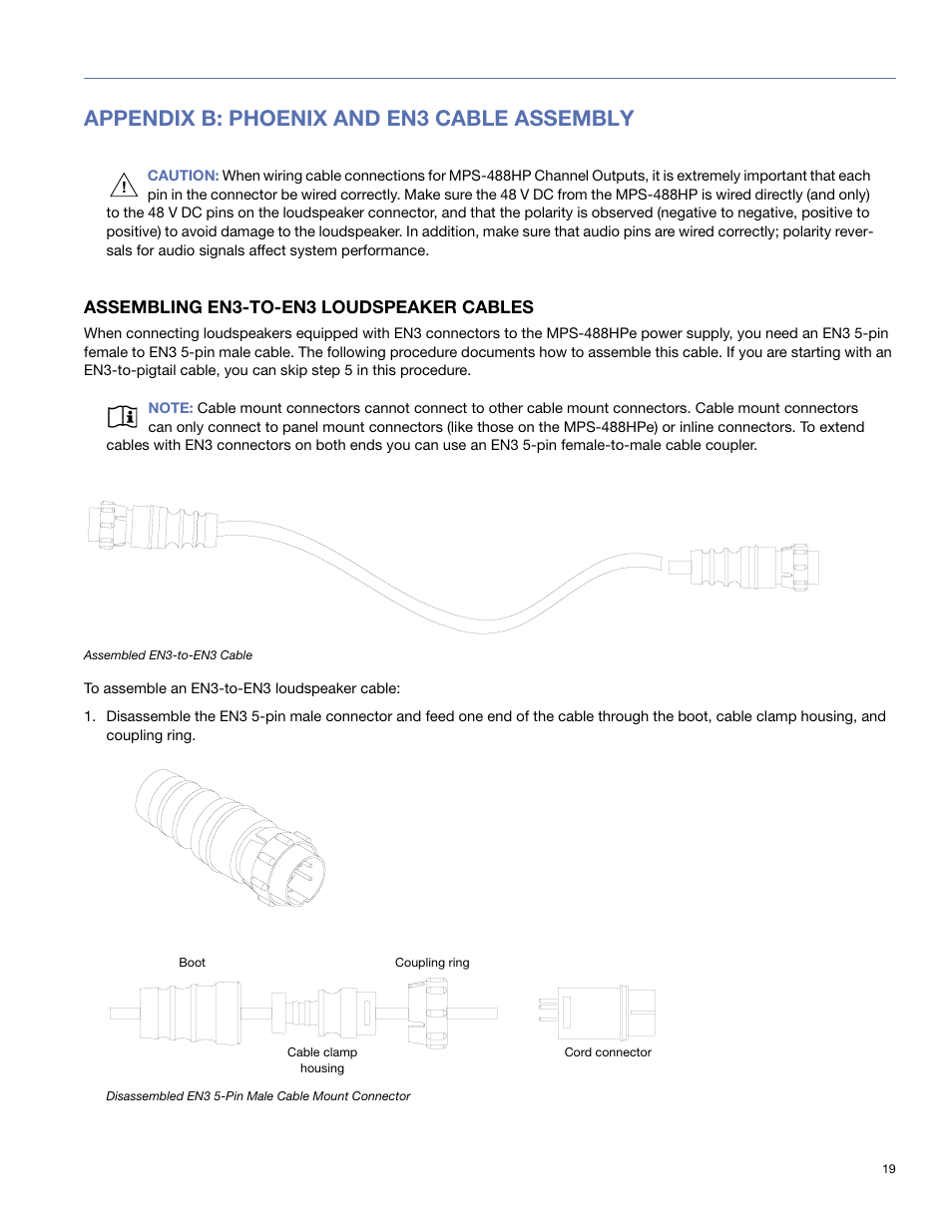 Appendix b: phoenix and en3 cable assembly, Assembling en3-to-en3 loudspeaker cables | Meyer Sound MPS-488HP User Manual | Page 19 / 32