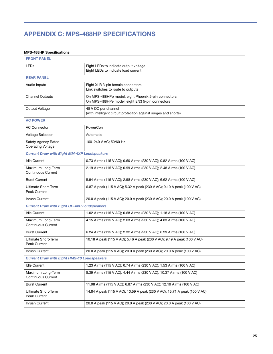 Appendix c: mps-488hp specifications | Meyer Sound MPS-488HP User Manual | Page 25 / 32